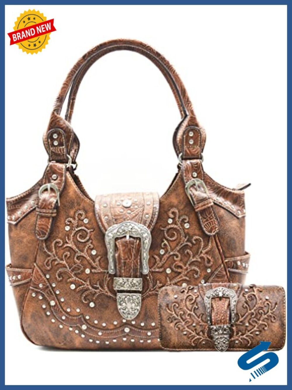Vegan Leather Tooled Western Hobo Handbag with Concealed Carry Pocket Wallet Set